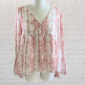 Peach Love California Pink and White V-Neck Boho Blouse